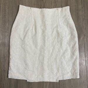 Vtg Cache White Linen Blend Embroidered Skirt Sz 12 Front Fold Slit Lined Preppy